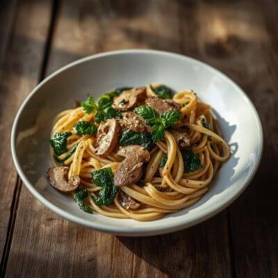 Gesunde Vollkornpasta mit Spinat und Champignons