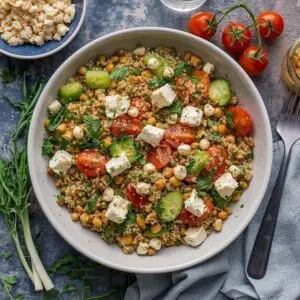 Orientalischer Couscous-Salat mit Feta und Gemüse.