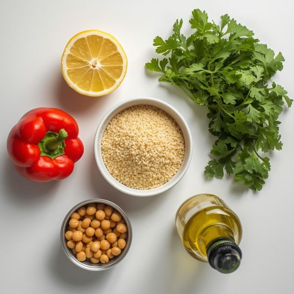 Frische Zutaten für orientalischen Couscous-Salat: Couscous, Zitrone, rote Paprika, Petersilie und Olivenöl.