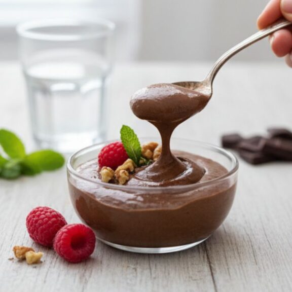 Gesundes Schoko Dessert mit Avocado und Beeren serviert in einem Glas – Gesundina Rezepte