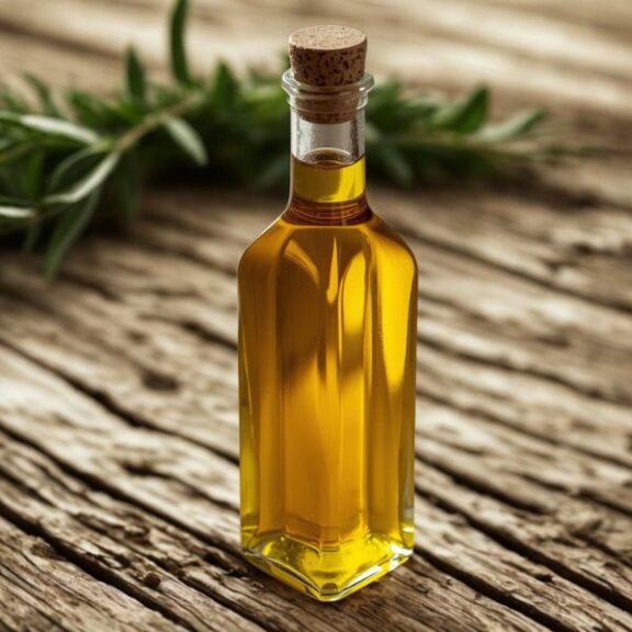 Hochwertiges Olivenöl in einer Glasflasche neben frischen Oliven - Gesundina