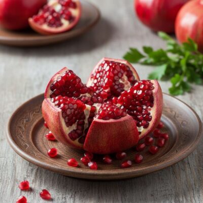 Frischer aufgeschnittener Granatapfel auf einem dunklen Teller