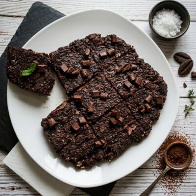 Saftige Hafer-Brownies mit Banane und dunklen Schokostücken auf einem weißen Teller