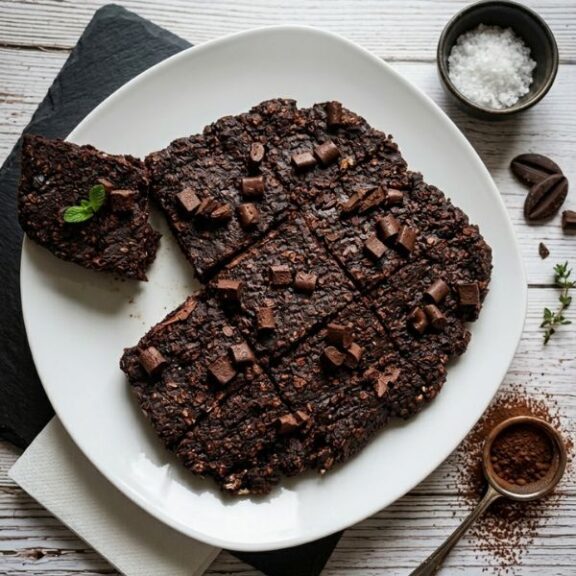 Saftige Hafer-Brownies mit Banane und dunklen Schokostücken auf einem weißen Teller
